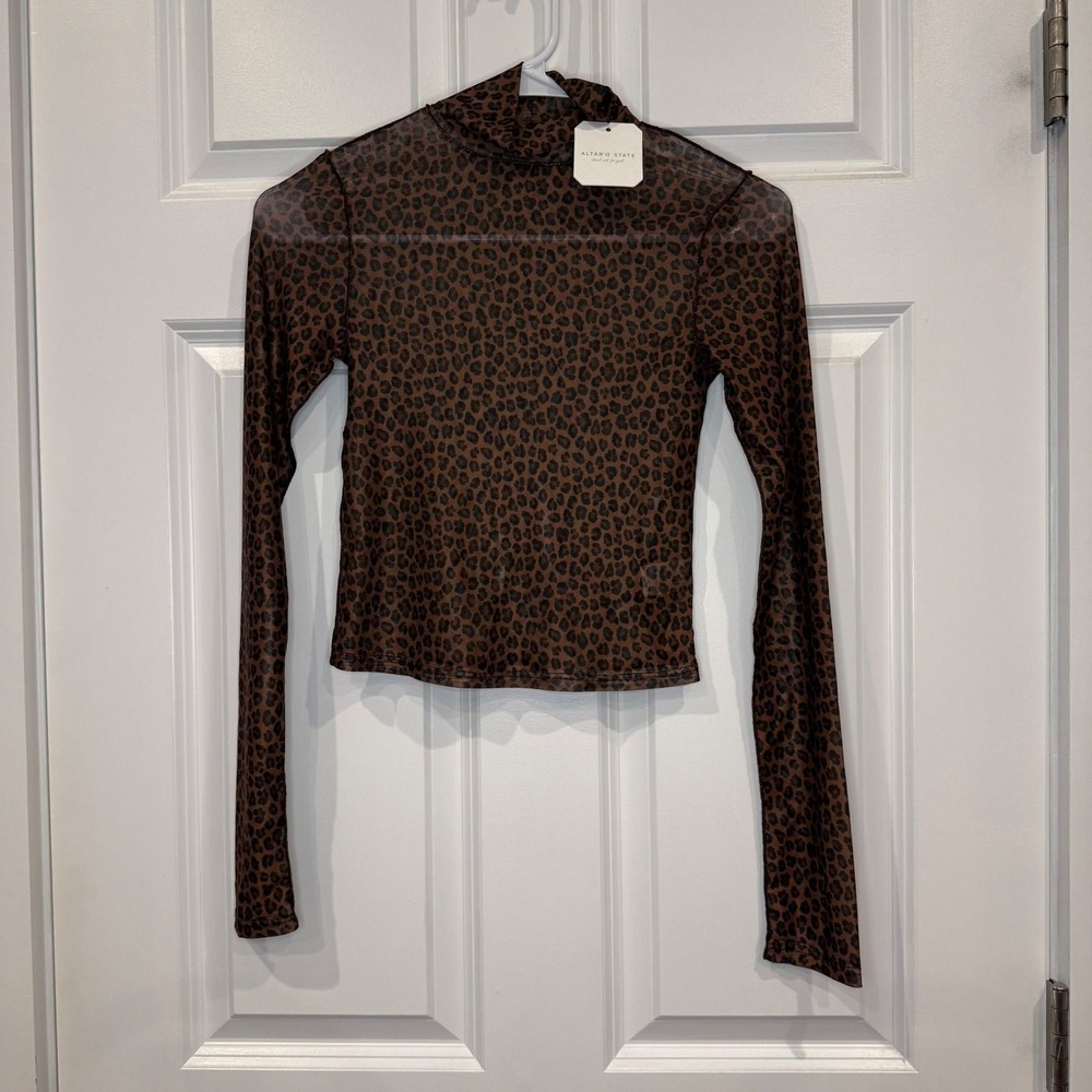 Altar'd State Leopard Print Mesh Mock Neck Long Sleeve Top‎ Brown Size XS NWT - Picture 2 of 5